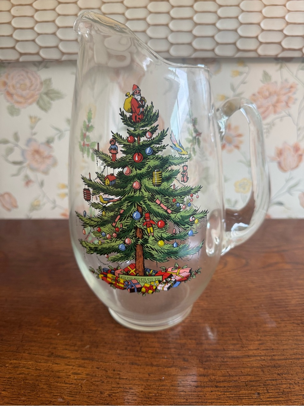 Spode Glass Pitcher with Multicolor Christmas Tree Design